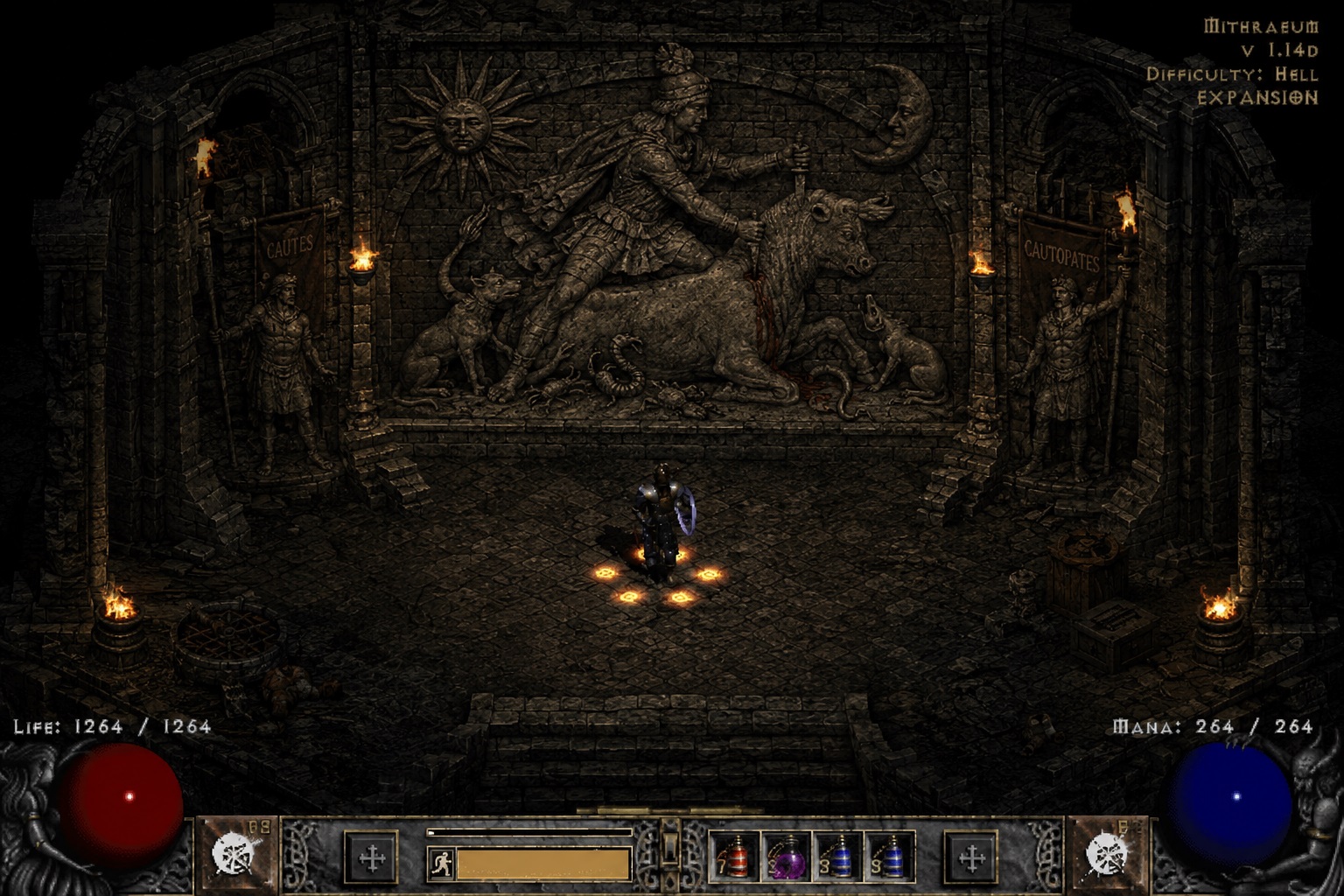 A Mithraeum cult chamber rendered in Diablo II — the bull-slaying relief with Cautes and Cautopates flanking, the player character standing on glowing magical glyphs in the centre. UI corner reads MITHRAEUM v 1.14d, DIFFICULTY: HELL, EXPANSION.