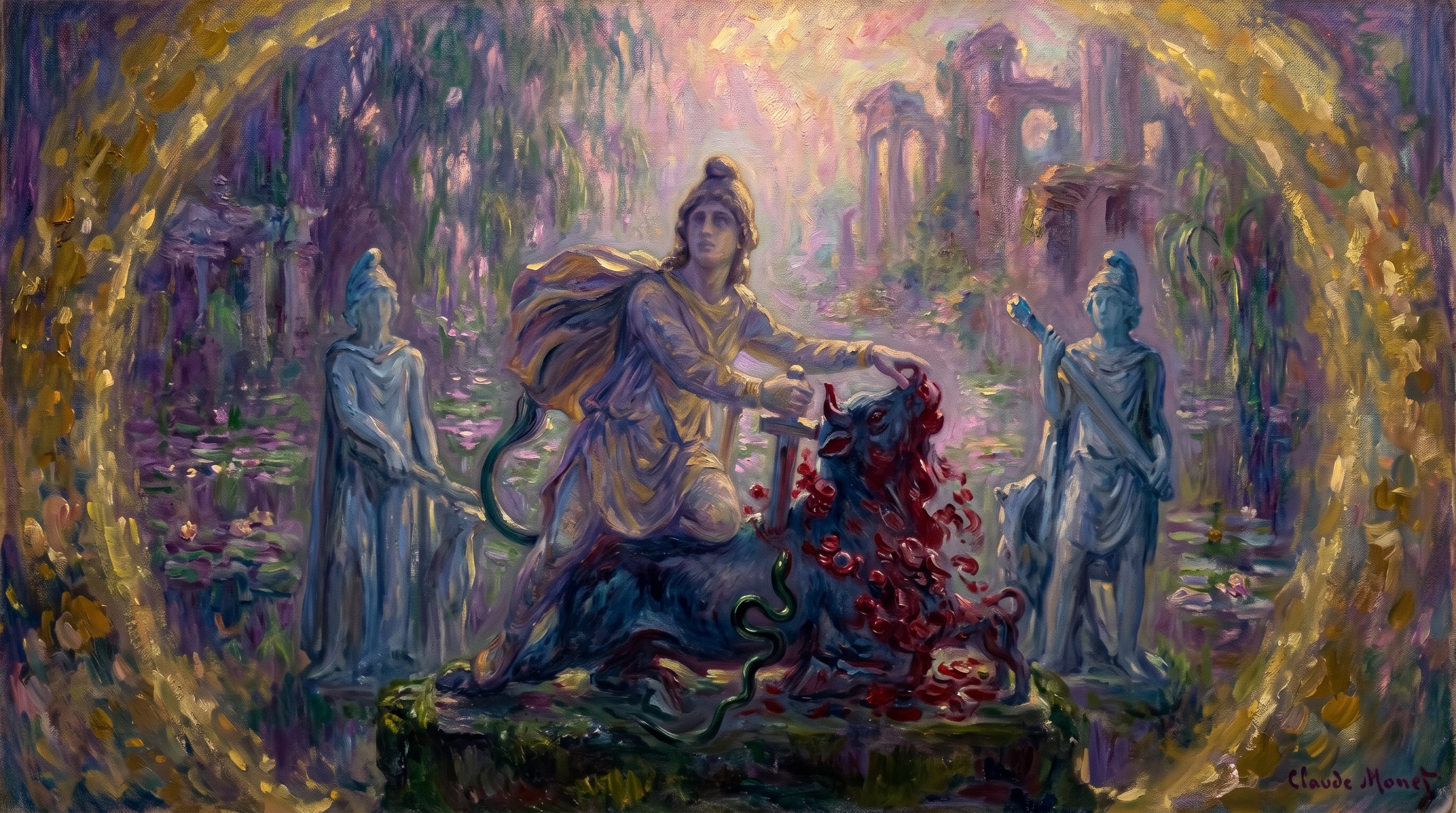 The tauroctony in the style of Claude Monet: Mithras kneeling on the bull with golden cape and ribboned blade, a serpent at the base, Cautes and Cautopates as twin torchbearers flanking, water-lily-impressionist greens and lavenders washing the temple ruins behind. Signed Claude Monet.