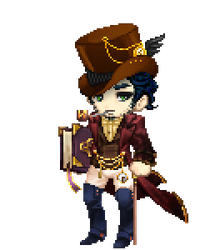 Steampunk-styled illustrated avatar with a top hat, dark coat, and an open tome; the lead researcher's persona on Gaia Online.