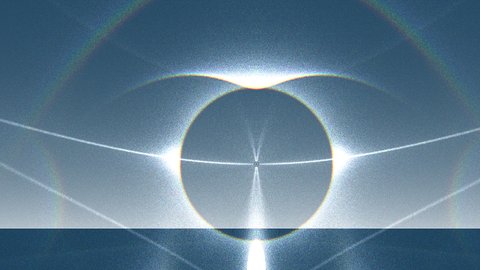 HaloSim cross-cut render at 25,000 monorays showing the full halo architecture: 22 degree halo, both parhelia, parhelic circle, and upper and lower tangent arcs, with the sun at 18.6 degrees altitude.